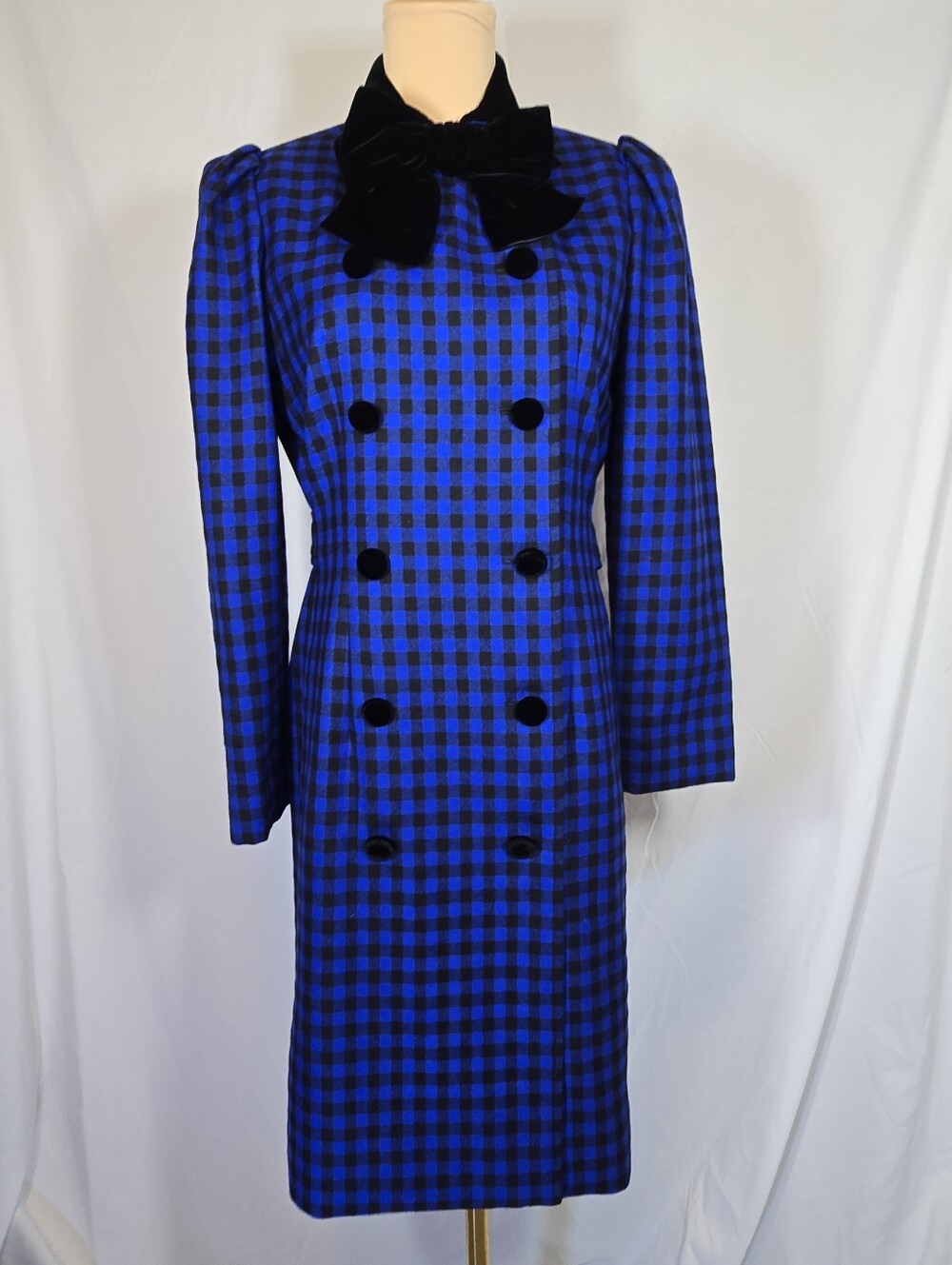 Oscar de la Renta Blue and Black Check Long Sleeve Dress Jacket
